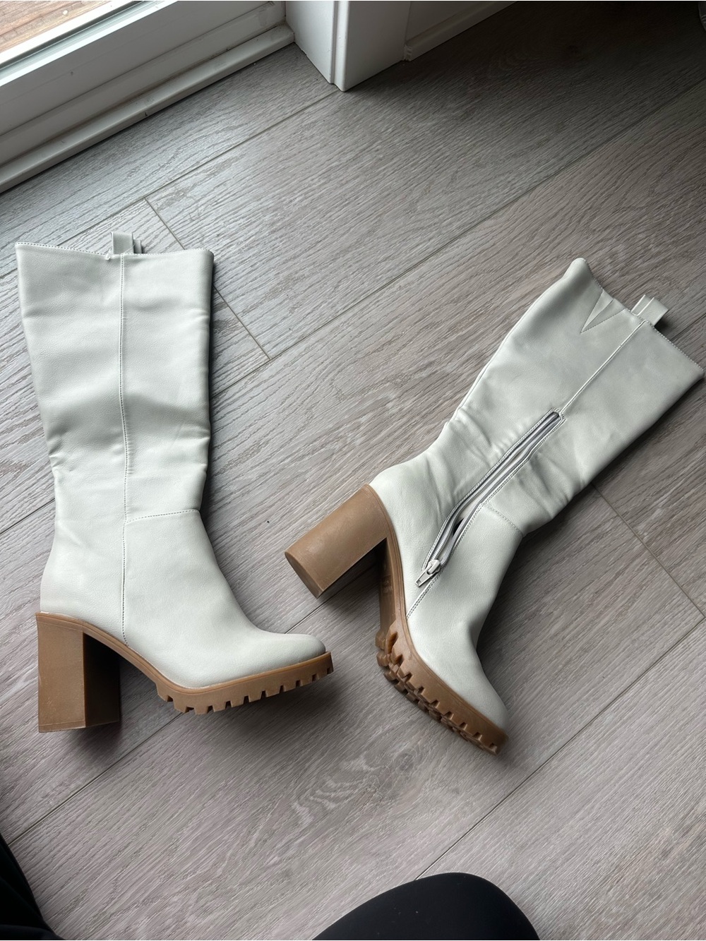 Women’s Leather Block Heel Knee Boot with Tan Lug Sole